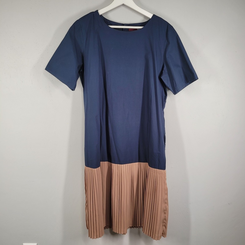 JAJU Dress Size 95 MEDIUM Blue w/ Tan Pleated Skirt Button Back Pockets